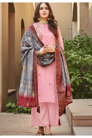 pink art silk khatli embroidered palazzo suit 1404