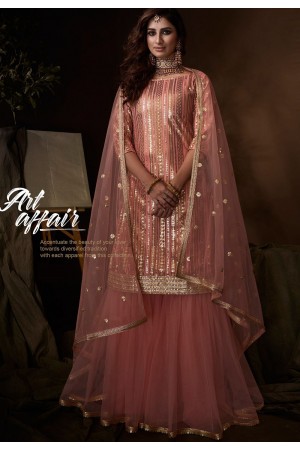 pink net embroidered sharara pakistani style suit 4201