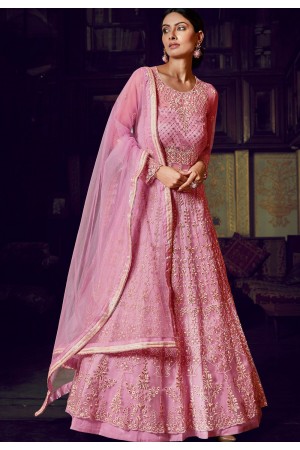 pink net silk embroidered heavy anarkali suit 10045