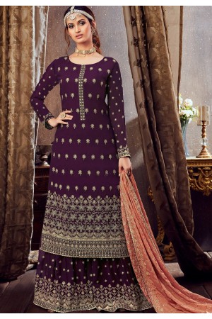 purple georgette embroidered palazzo suit 6166