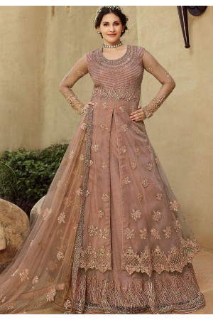 rose taupe net embroidered lehenga style suit 15031