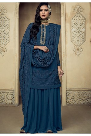 royal blue georgette embroidered sharara pakistani suit 8102