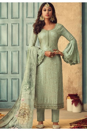 sea green chinon embroidered straight trouser suit 84005