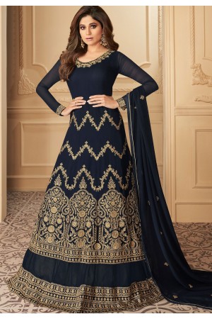 shamita shetty navy blue georgette long kameez lehenga style suit 7144