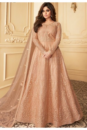 shamita shetty peach net abaya style anarkali suit 7172