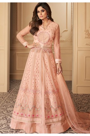 shamita shetty pink net long kameez lehenga style anarkali suit 7143