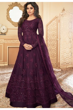 shamita shetty purple net abaya style anarkali suit 7177