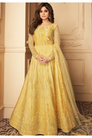 shamita shetty yellow net abaya style anarkali suit 7176