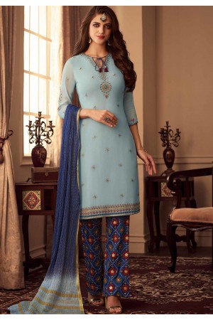 sky blue art silk straight trouser suit 35001