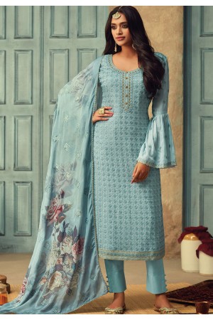 sky blue chinon embroidered straight trouser suit 84001