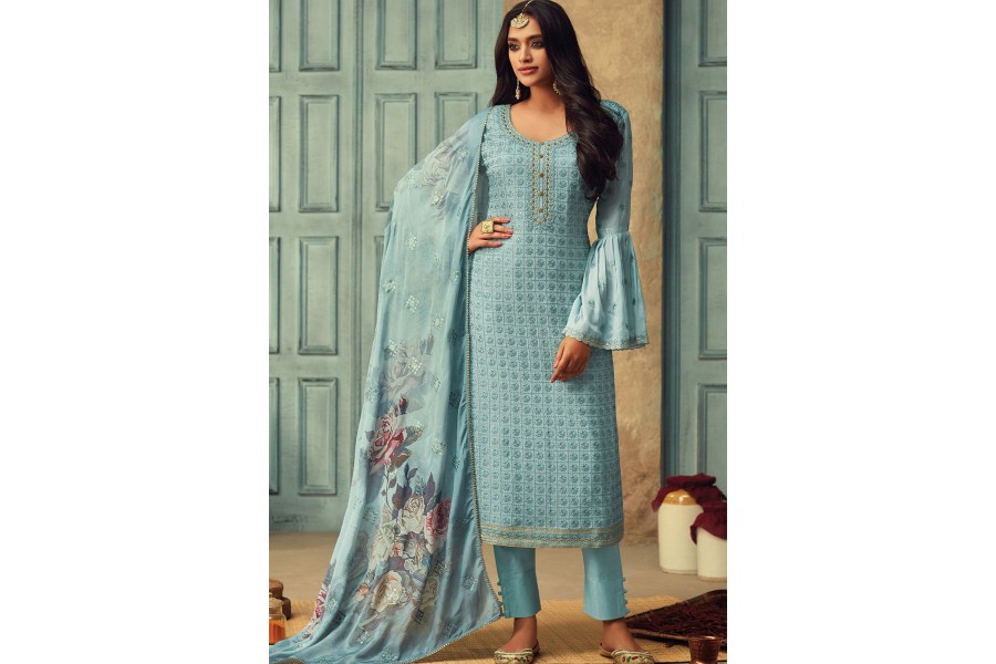Women Light Sky Blue Chinon Silk Embroidered Designer Palazzo Suit