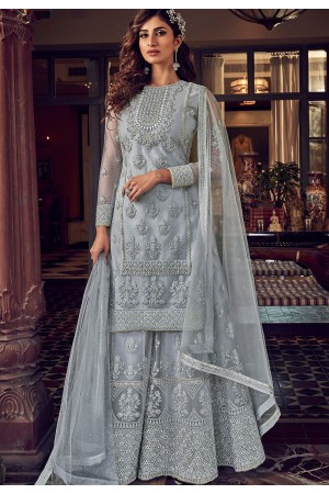 steel grey net embroidered pakistani palazzo suit 6607