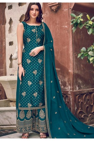 turquoise jacquard embroidered palazzo suit 6710