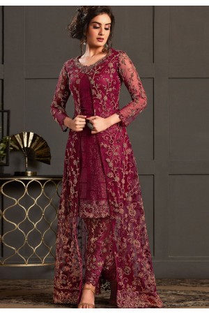 wine net embroidered jacket style trouser suit 4592