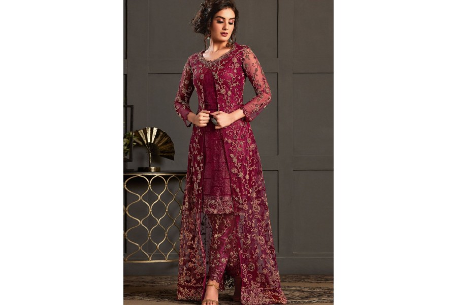 wine net embroidered jacket style trouser suit 4592