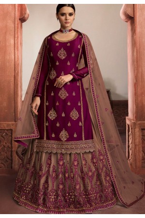 wine satin embroidered lehenga style suit 6108