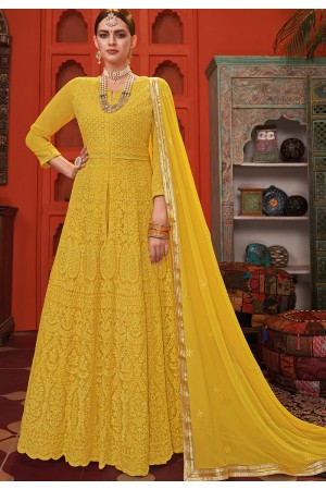 yellow georgette embroidered front slit long anarkali suit 1001