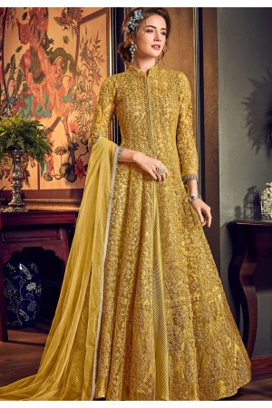 yellow net embroidered wedding anarkali suit 4554b