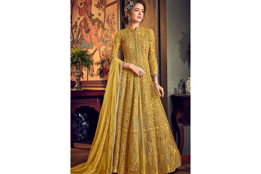Digital Printed Yellow Embroidered Wedding Anarkali Gown