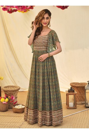 Olive green georgette resham work long anarkali gown