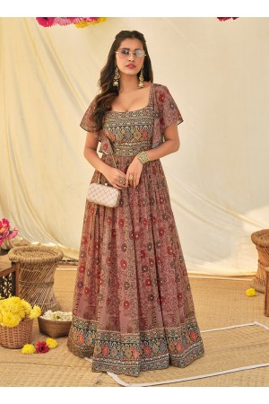 Onion Pink georgette resham work long anarkali gown