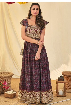 Purple georgette resham work long anarkali gown