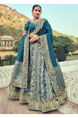 Woven Zari Banarasi silk lehenga choli in Teal Green