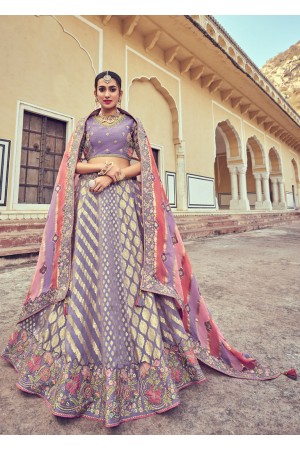 Woven Zari Banarasi silk lehenga choli in Lavender color