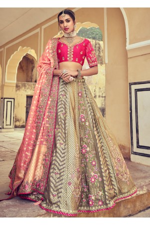 Woven Zari Banarasi silk lehenga choli in Beige and Pink