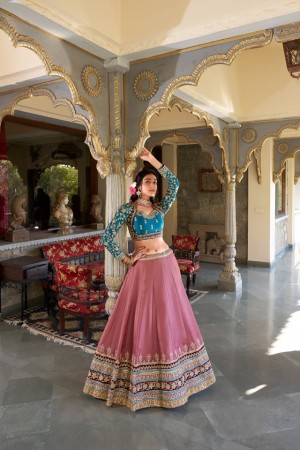 Salmon and Blue color silk embroidery work wedding lehenga choli