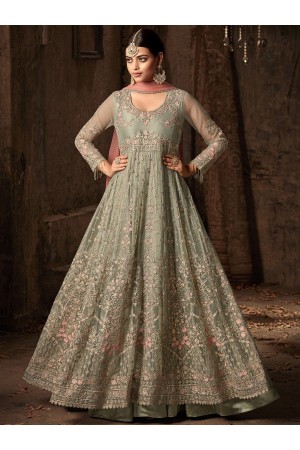 Pastel green and peach net color wedding anarkali