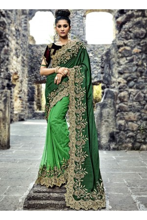 Green and wine color satin and net  wedding wear saree
