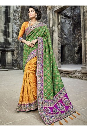 Yellow and green banaras silk wedding wear saree