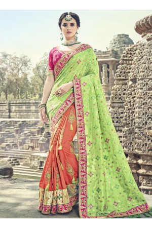 Liril green orange and pink silk wedding wear saree