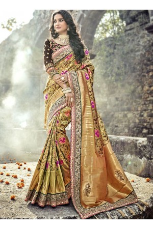 Gold and brown color Pure Banarasi Silk wedding wear saree