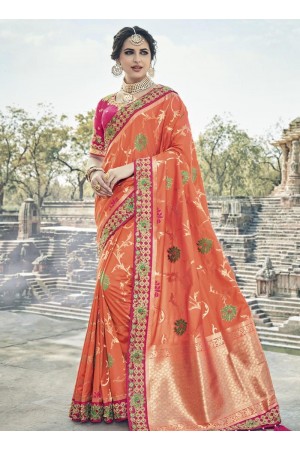 Orange and pink silk wedding wear saree