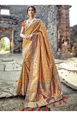 Orange and red Pure Banarasi Silk wedding wear saree