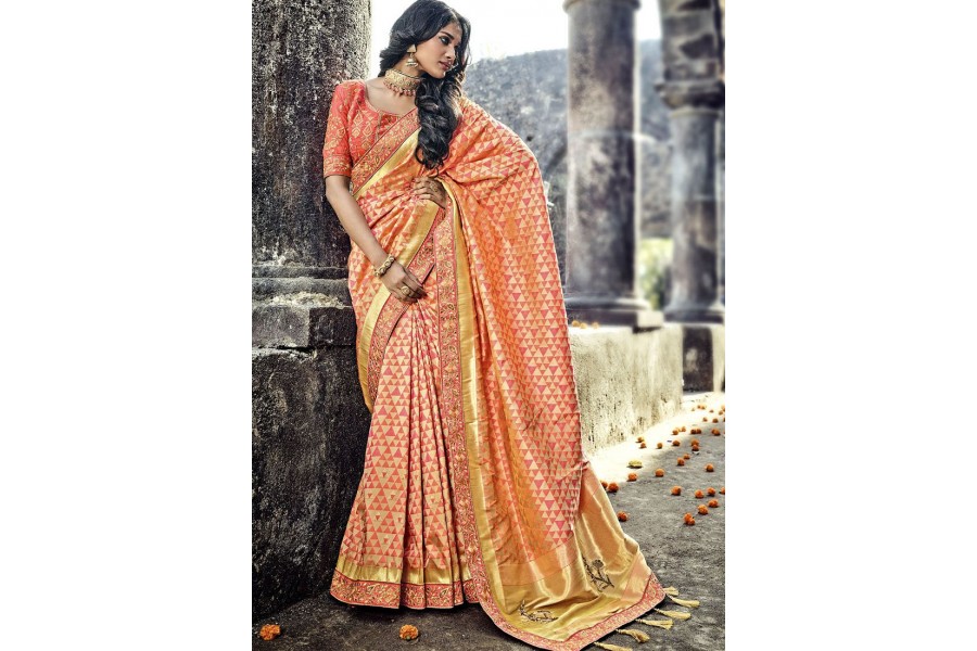Boys Banarasi Silk Dress Set in Peach main image 1