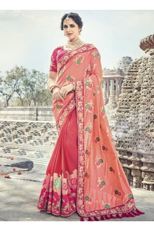 Peach and pink silk wedding wear saree