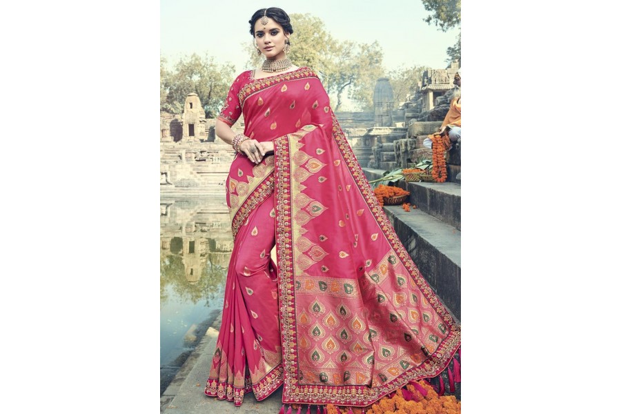 Dusty Pink Embroidered Silk Wedding Wear Saree