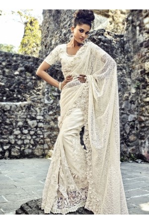 White color imported fabric and net wedding wear saree