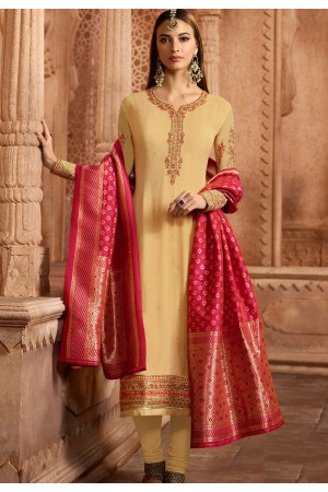 beige georgette embroidered straight churidar suit 12084