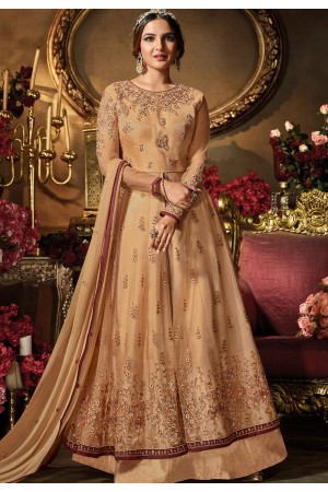 beige net satin embroidered lehenga style suit 11063