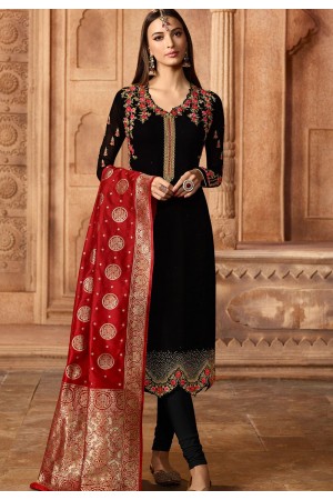 black georgette embroidered straight churidar suit 12085