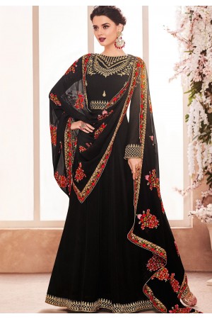 black georgette long embroidered anarkali suit 8124