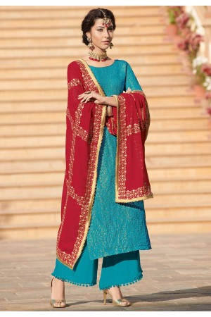 blue brocade jacquard palazzo style pakistani suit 6804