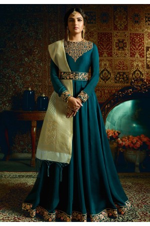 blue satin georgette embroidered floor length anarkali suit 11053