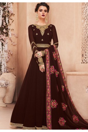 brown georgette long embroidered anarkali suit 8121