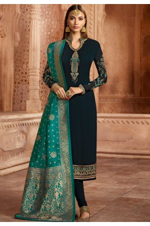 dark blue georgette embroidered straight churidar suit 12081