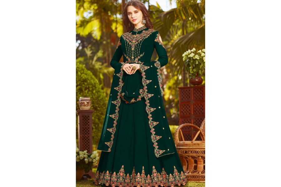 Green Embroidered Georgette Shrug Style Anarkali Suit